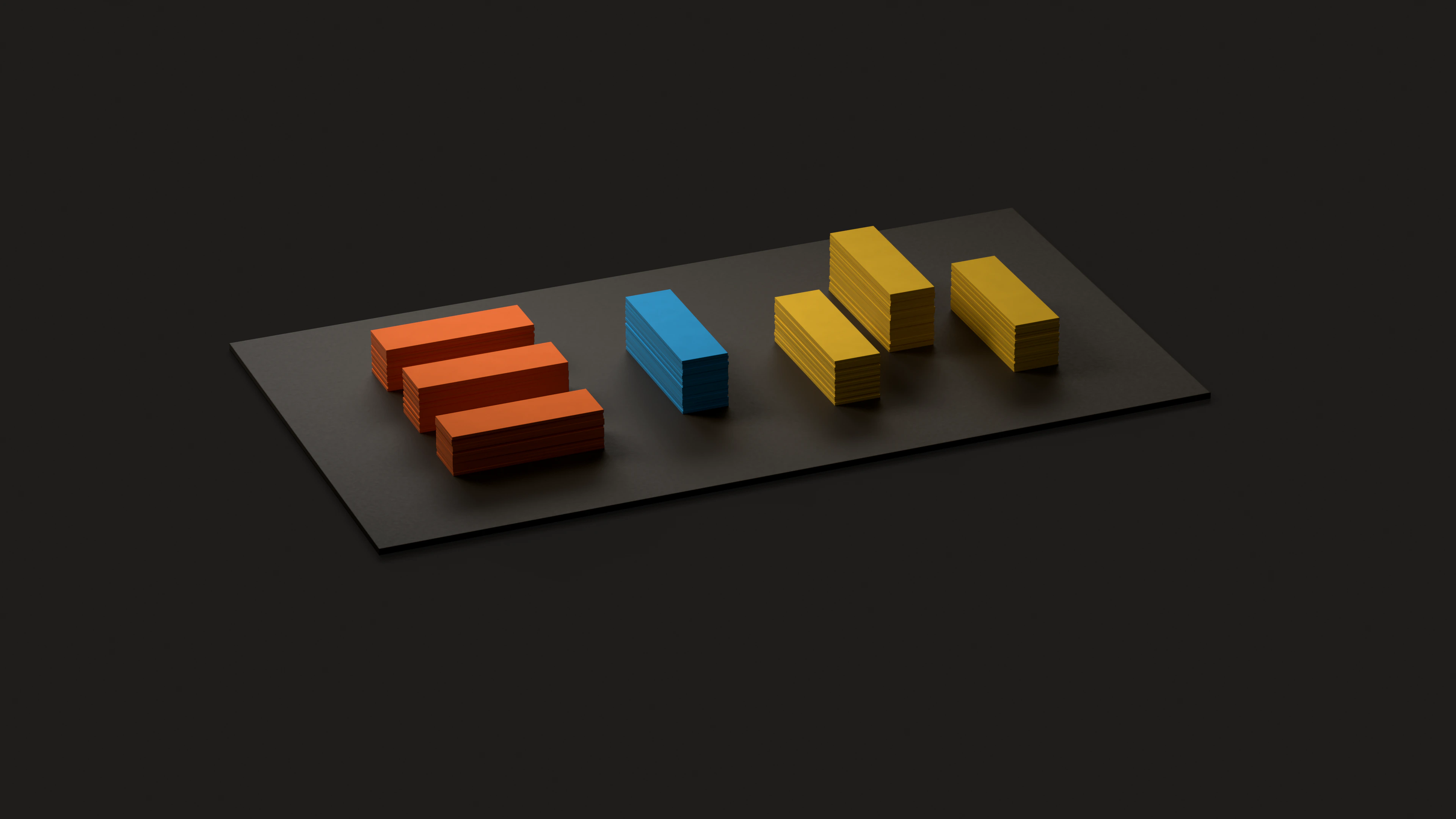 The EIM logo as an object: seven bars of stacked orange, blue and yellow card standing at different heights in the slots of a graphite plate.