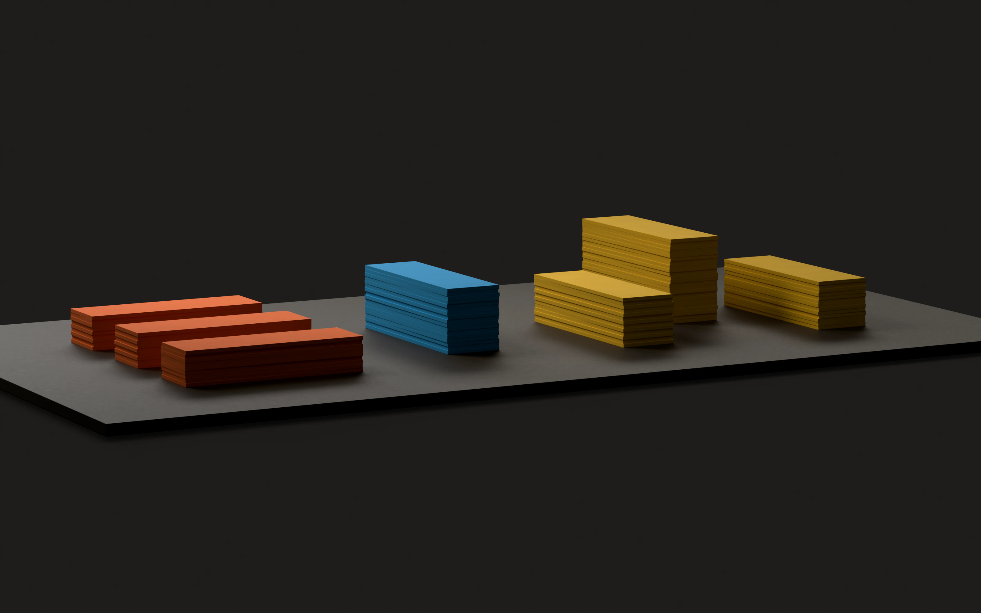 The seven bars of the EIM logo built from stacked sheets of coloured card, standing at different heights on a graphite plate like buildings.